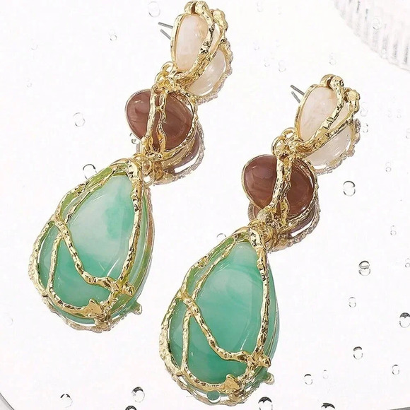 Women's Boho Statement Resin Stone Long Dangle Earrings - Picture 2 of 4